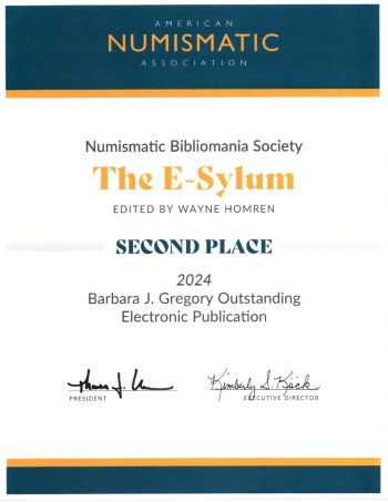 ANA First Place Award Plaque for Outstanding Electronic Numismatic Publication