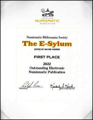 ANA First Place Award Plaque for Outstanding Electronic Numismatic Publication 2022